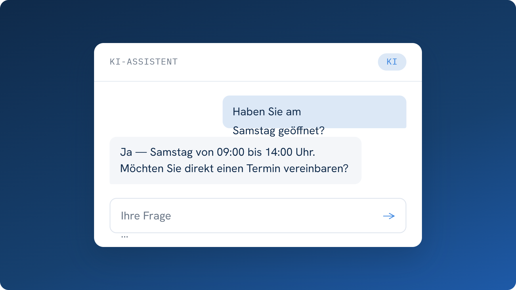 Screenshot einer KI-Chatbot-Oberfläche, die Kundenanfragen auf Deutsch beantwortet