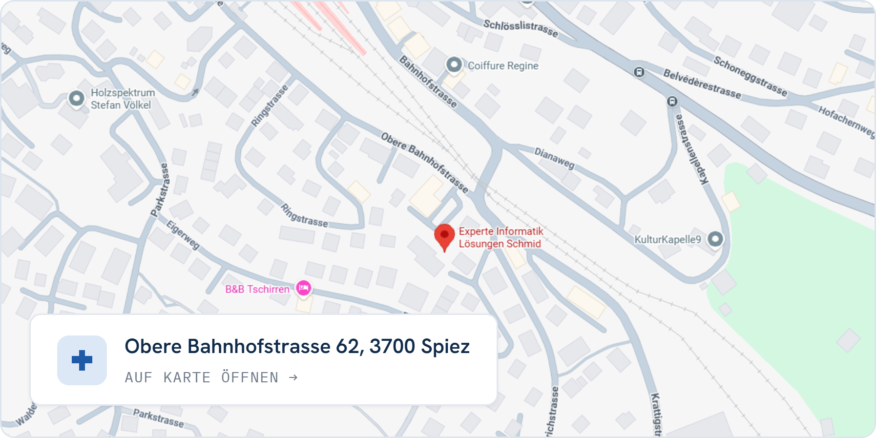Kartenausschnitt mit dem Standort von KI BEO an der Oberen Bahnhofstrasse 62 in 3700 Spiez